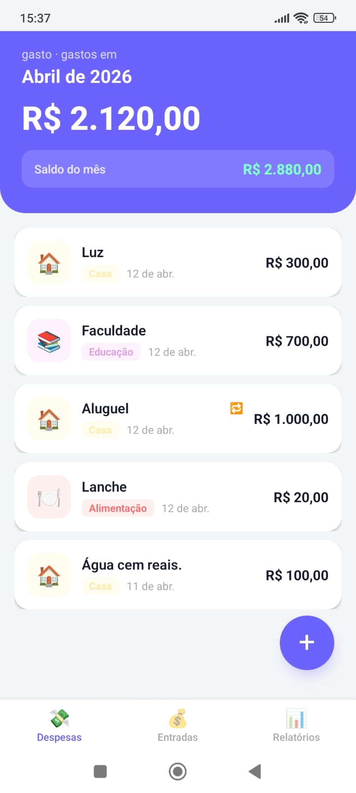 Tela de despesas do Gastô